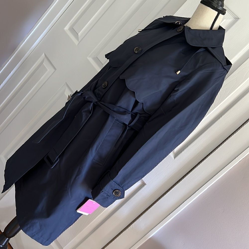 Kate Spade Scalloped Hooded Trench Coat Navy Blue Size S - Picture 9 of 16